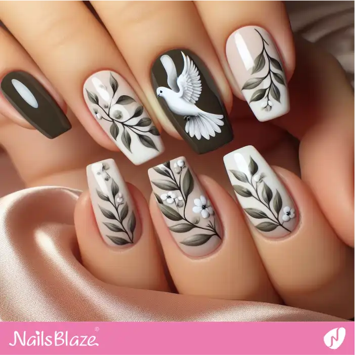 Peace Dove and Olive Leaves Nail Design | Nature-inspired Nails - NB1637